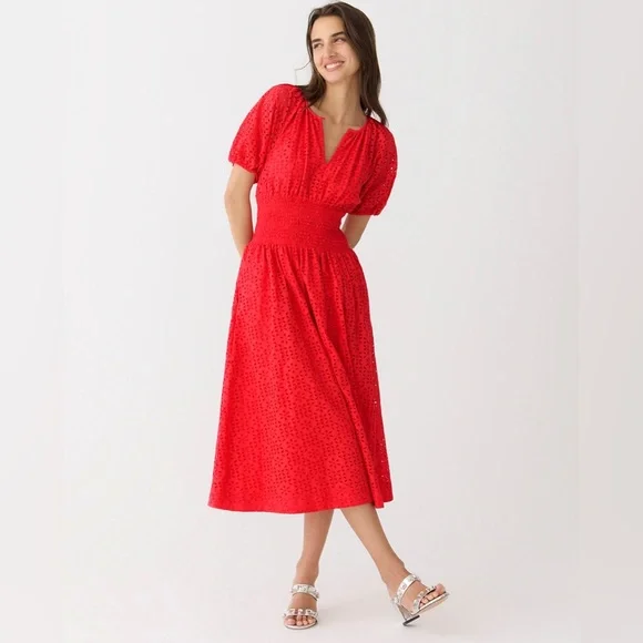 Provence smocked-waist midi dress in eyelet